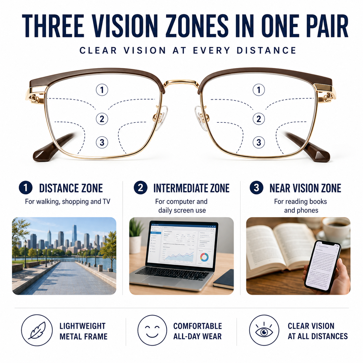 Vea de Cerca y de Lejos al Instante | Gafas de Lectura Progresivas Ultraligeras (+1.0 ~ +4.0) — Compre 1 y Llévate 3